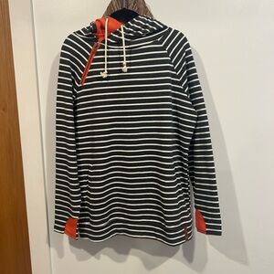 AMPERSAND AVE Charcoal Grey and White Striped Hoodie with Orange Accents